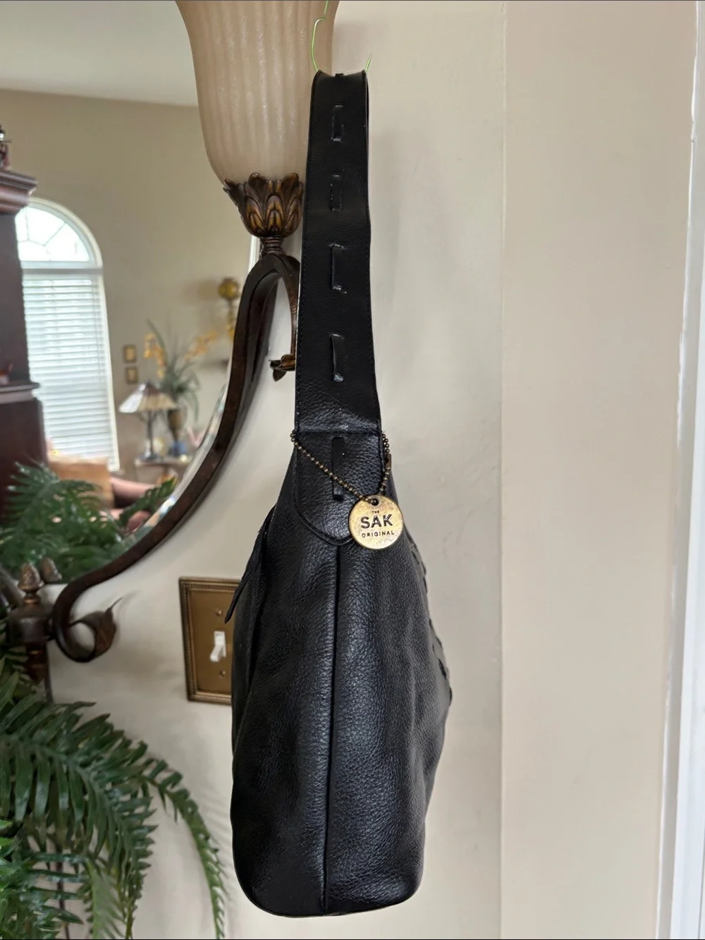 Vintage THE SAK Genuine Leather Black Zippered Hobo Shoulder Bag Studded Braided